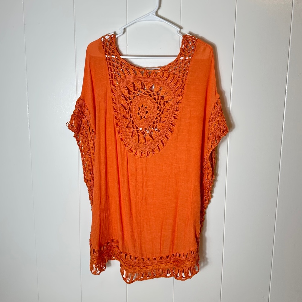 Vibrant Orange Crochet Poncho, Kimono, Cardigan
